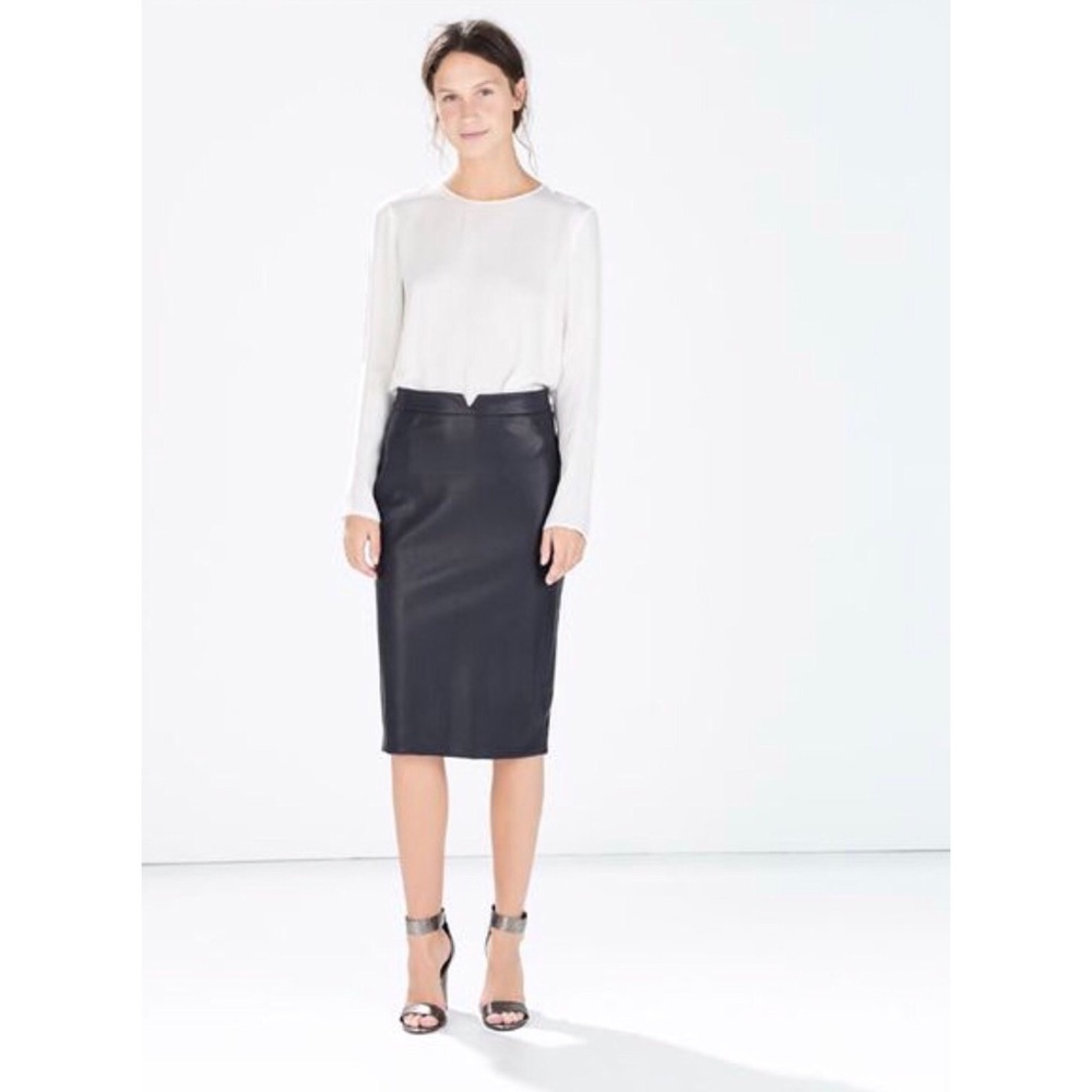 Zara Navy Faux Leather Pencil Skirt